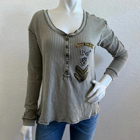 Free People Bridget Henley Top Waffle Knit Military Size Small - Picture 4 of 11
